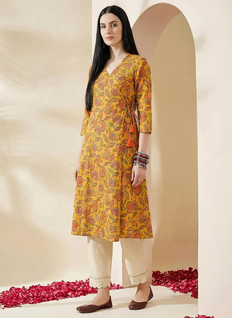 globus Yellow Globus Women Yellow Allover Floral Printed Wrap V-Neck Angrakha A-Line Kurta for Women | Best Price UAE